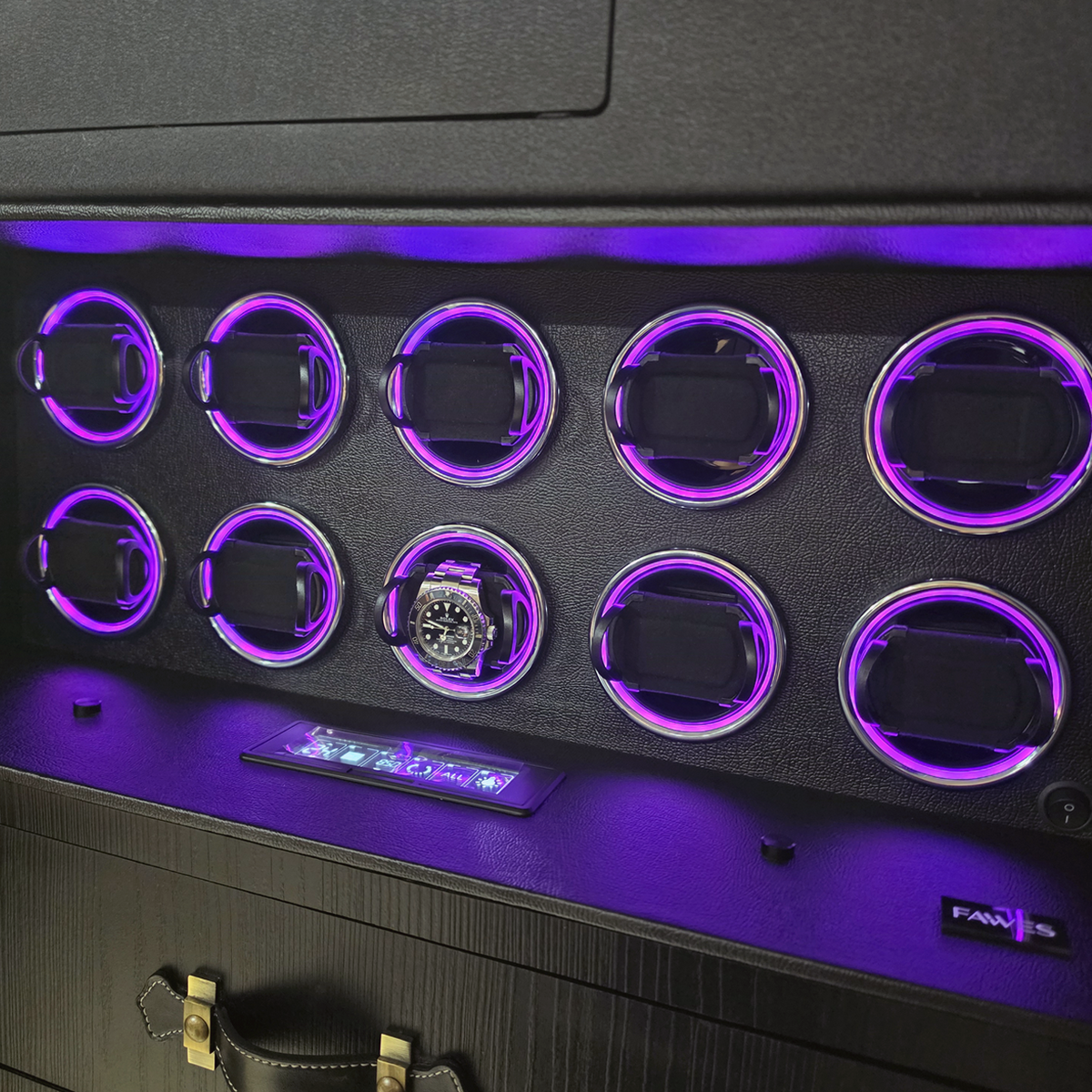 FAWES Classic XL close-up of 10 watch winders with purple LED lighting