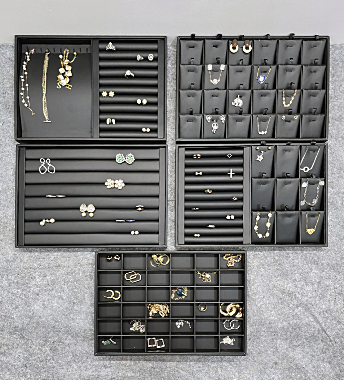 24-Grid Jewelry Organizer Black Leather Tray for Rings, Earrings, Necklace, Chain