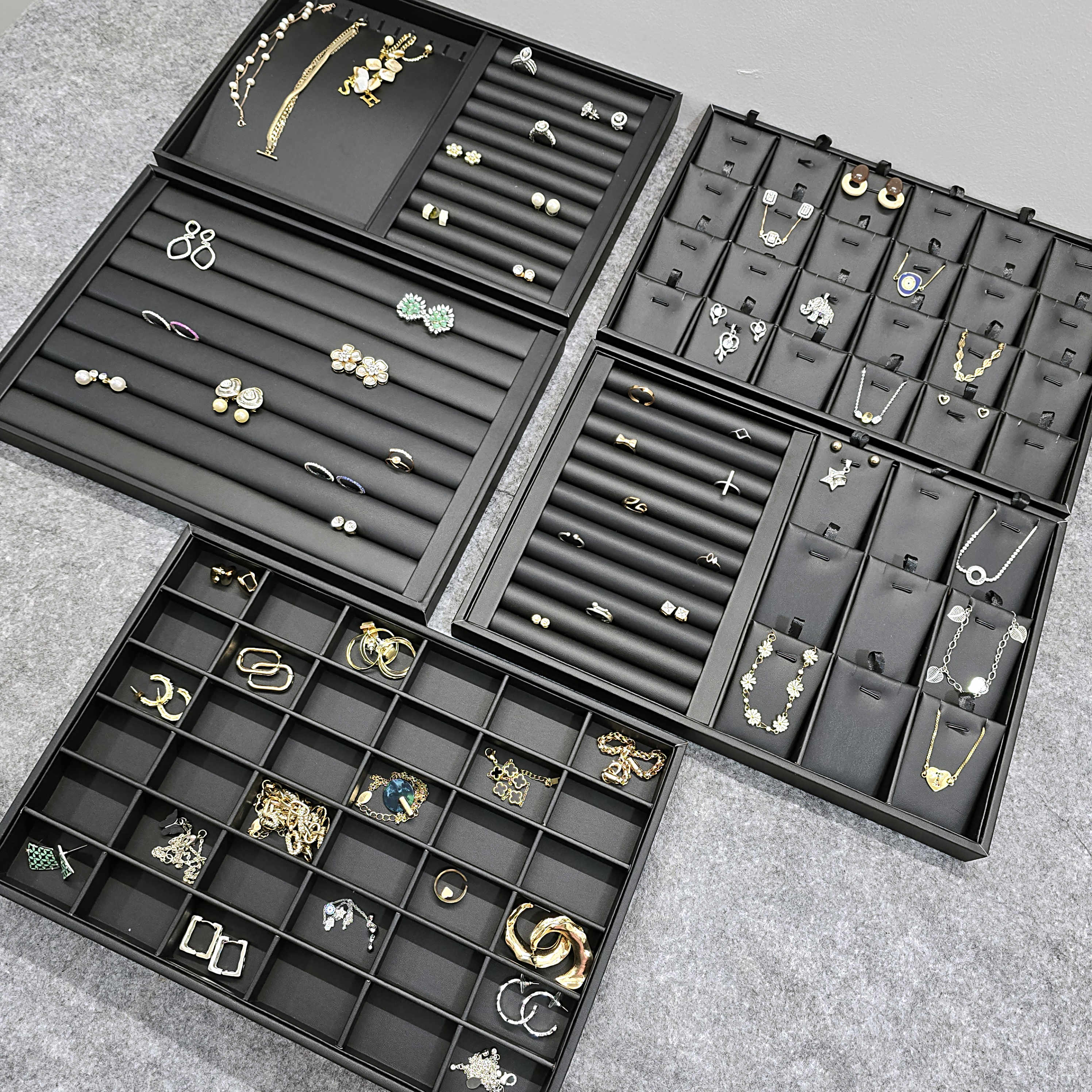 24-Grid Jewelry Organizer Black Leather Tray for Rings, Earrings, Necklace, Chain