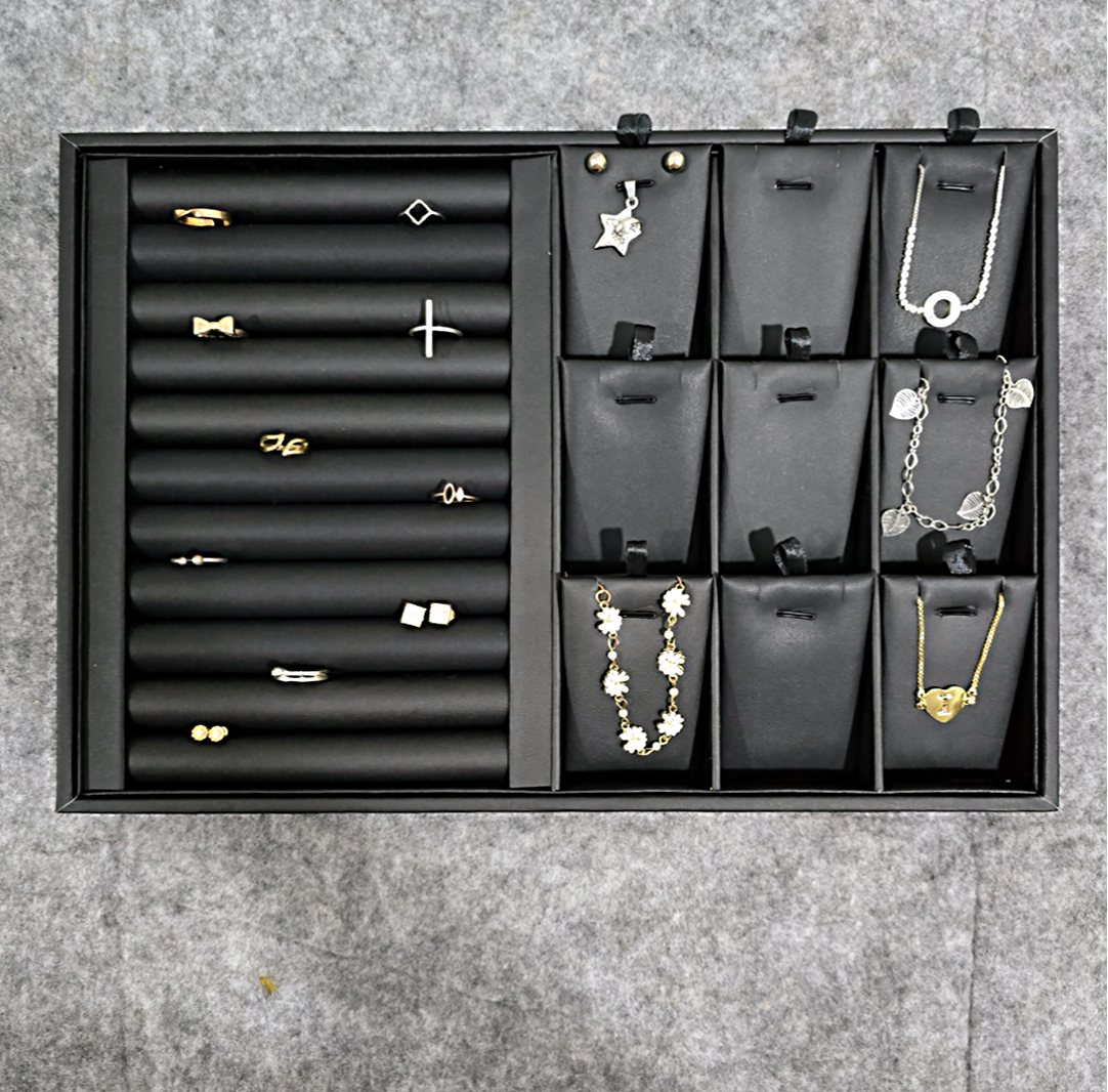 Jewelry Organizer Black Leather Tray for Rings, Earrings, Necklace, Chain (Ring + 9 Squares)