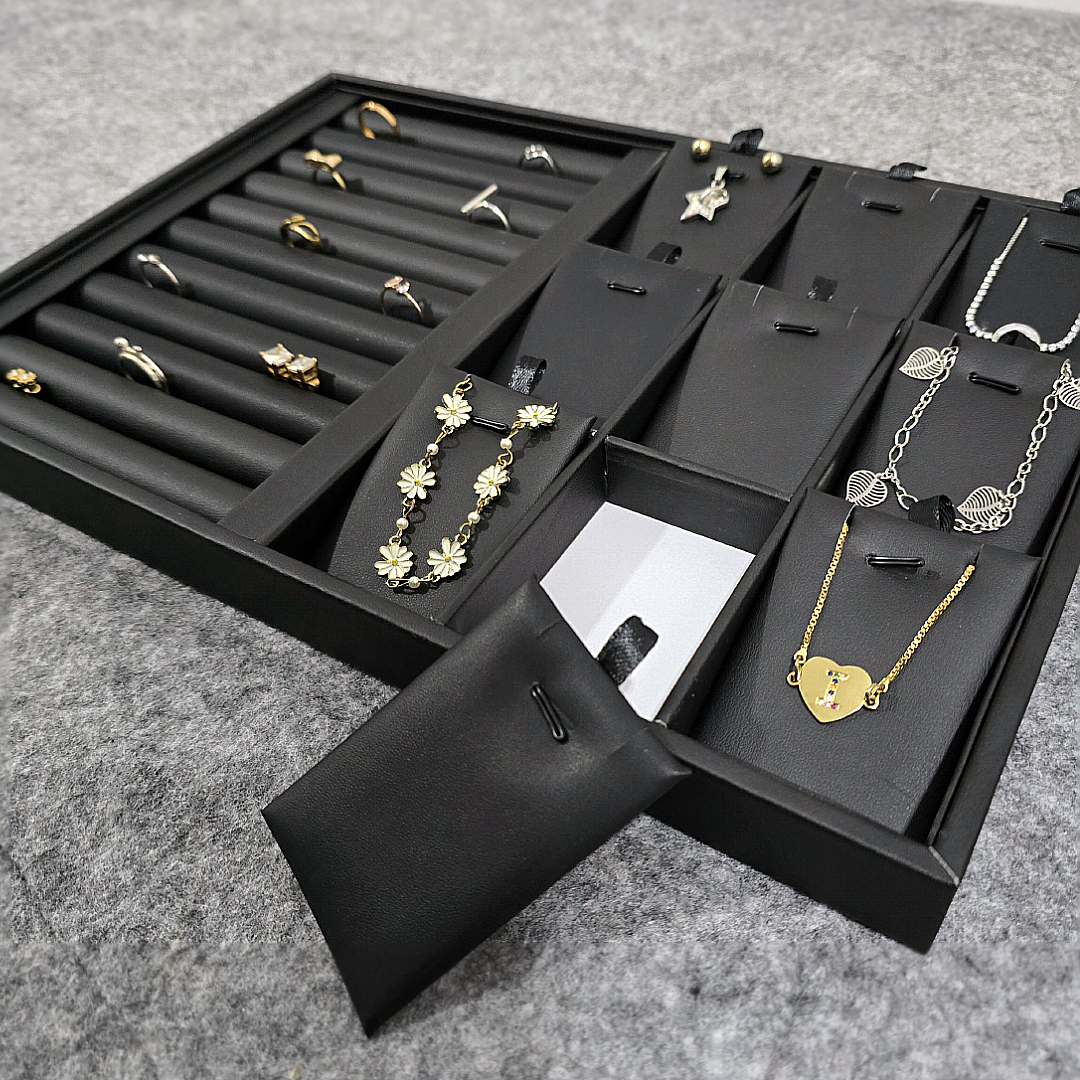 Jewelry Organizer Black Leather Tray for Rings, Earrings, Necklace, Chain (Ring + 9 Squares)