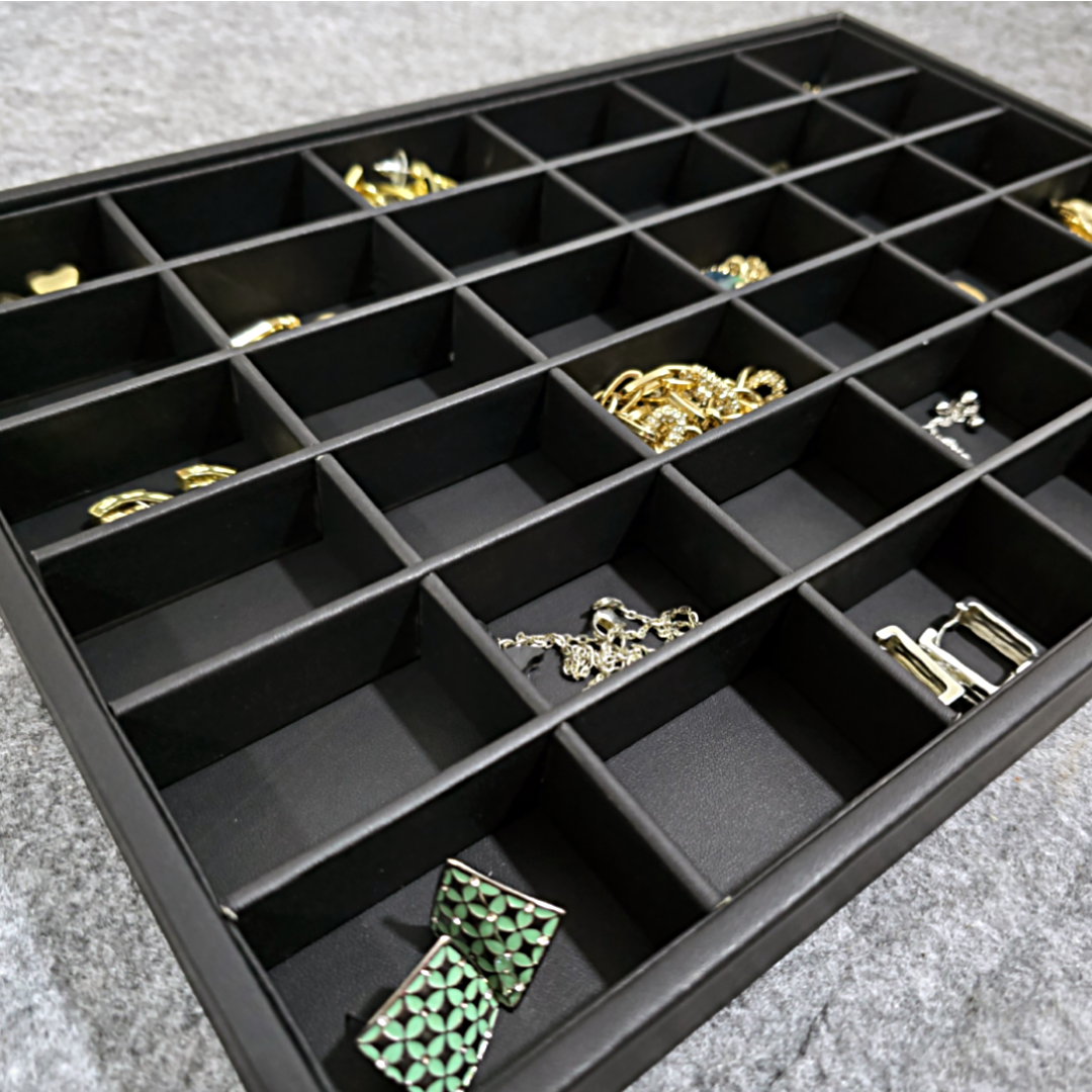 24-Grid Jewelry Organizer Black Leather Tray for Rings, Earrings, Necklace, Chain