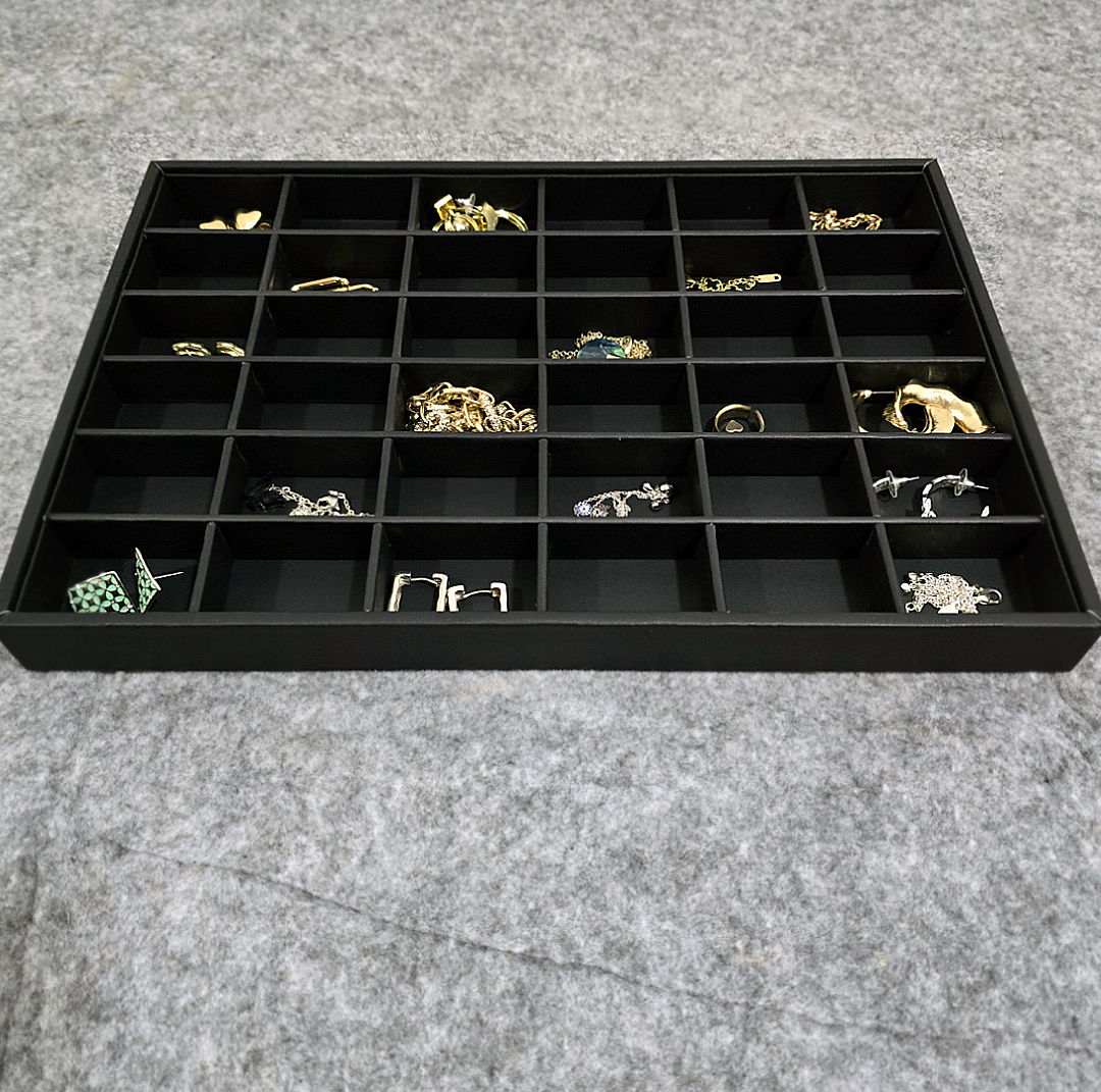 24-Grid Jewelry Organizer Black Leather Tray for Rings, Earrings, Necklace, Chain