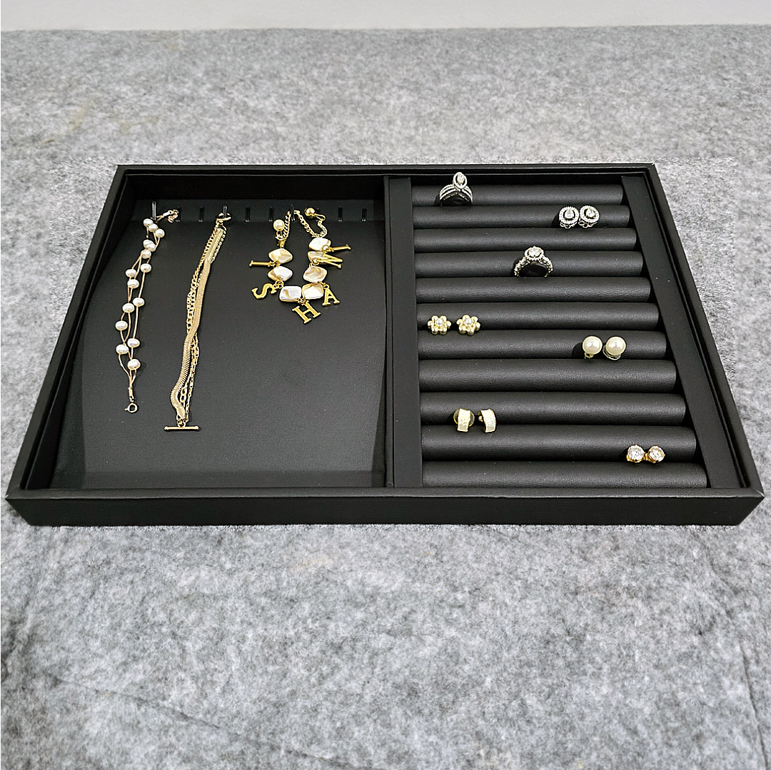 Dual Jewelry Organizer Black Leather Tray for Rings, Earrings, Necklace, Chain (2 in 1)