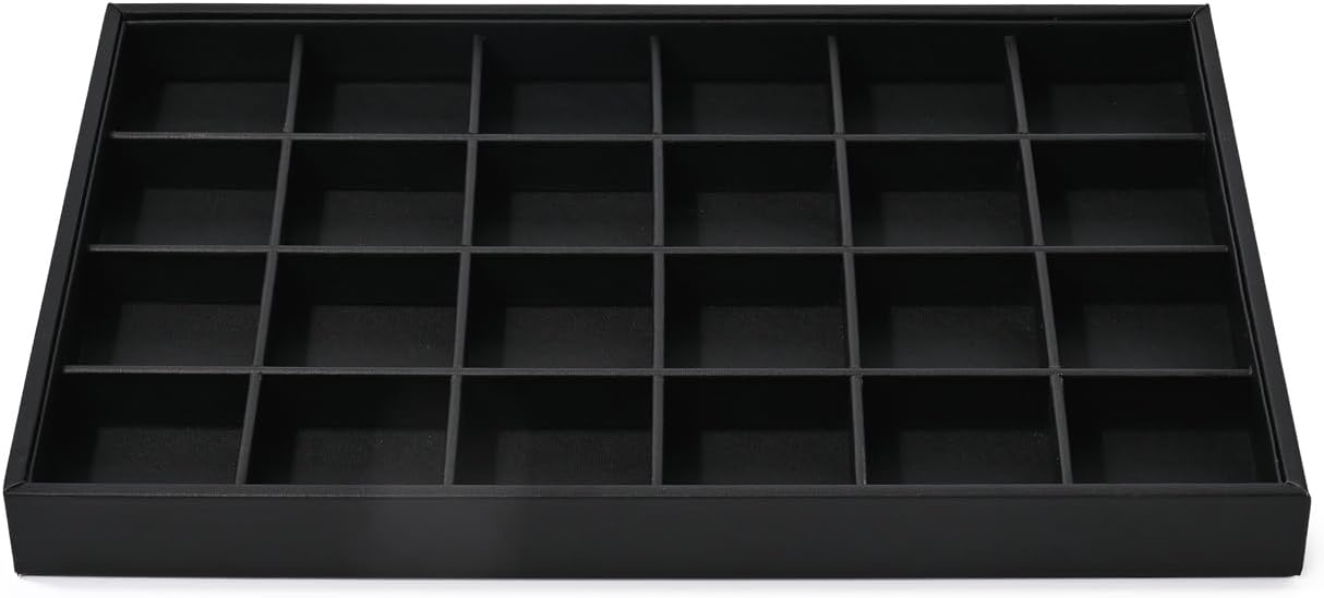 24-Grid Jewelry Organizer Black Leather Tray for Rings, Earrings, Necklace, Chain