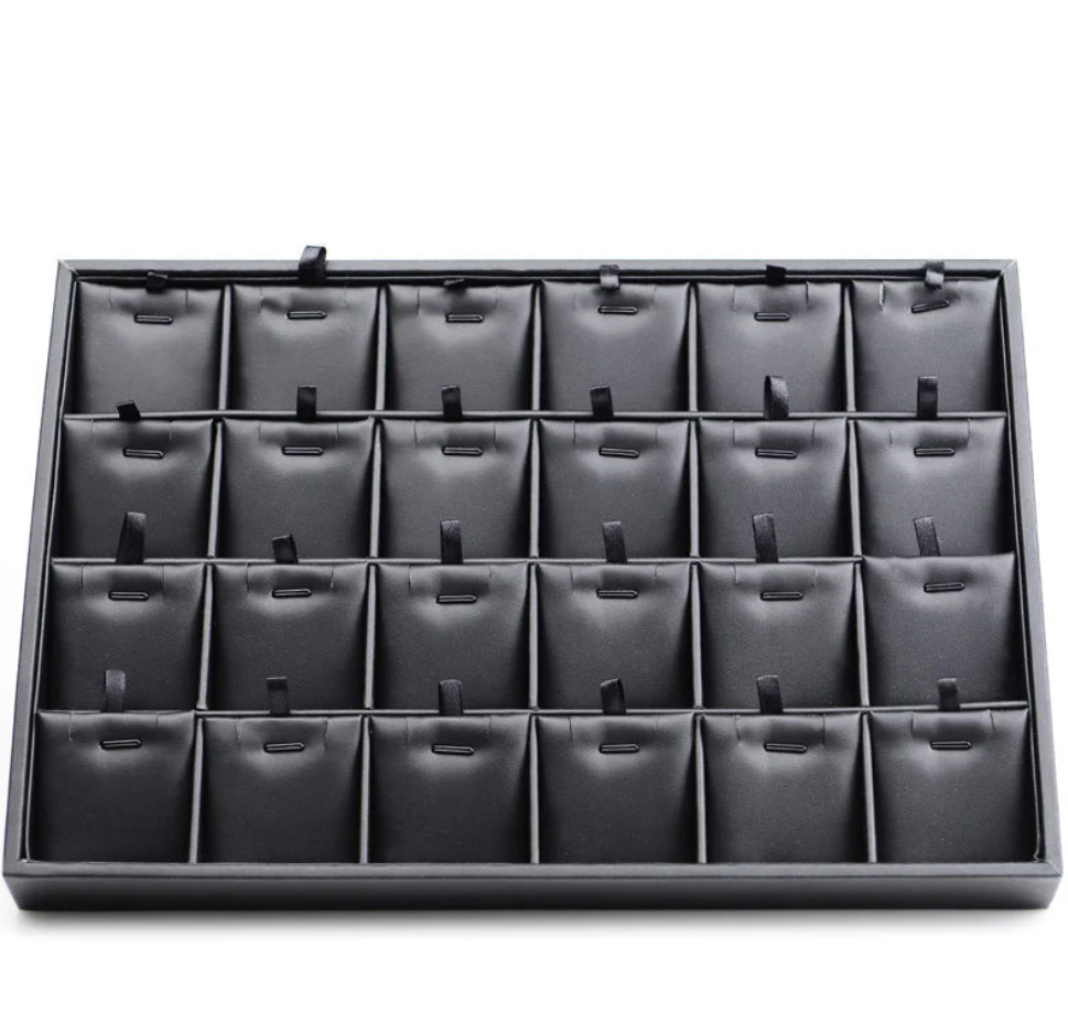 Necklace Earring 24 Grid Organizer Black Leather Jewelry Tray