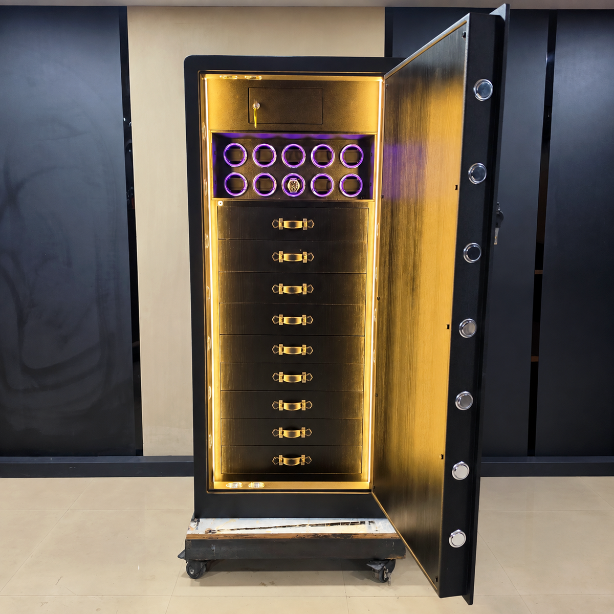 FAWES Classic XL luxury security safe locker open with 10 watch winders and drawers