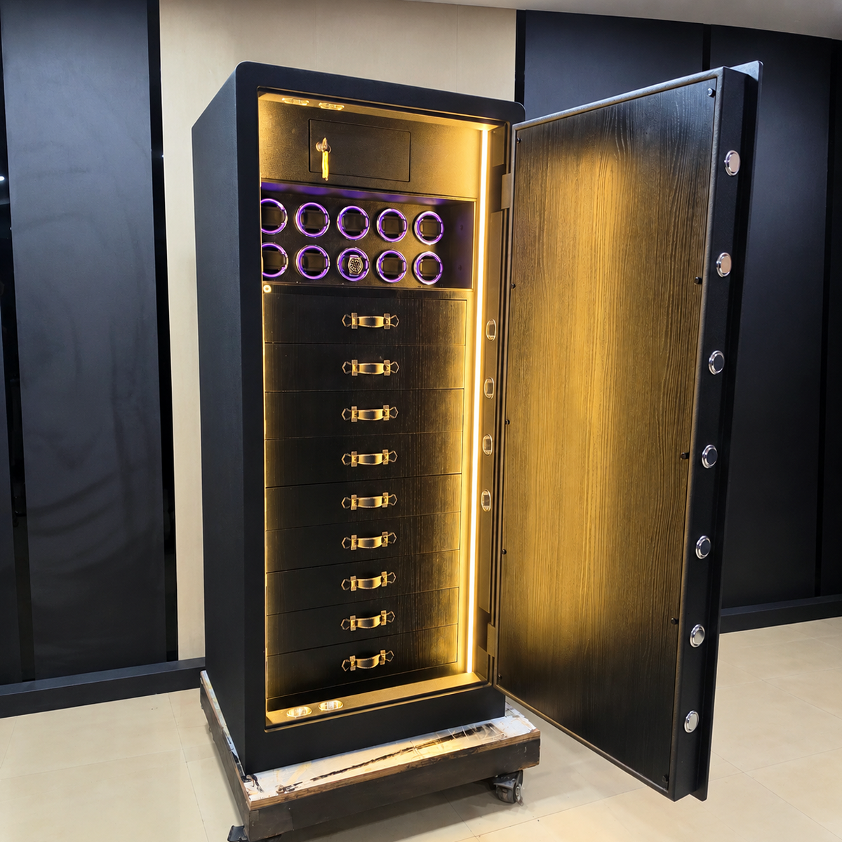 FAWES Classic XL security safe locker interior with 10 watch winders and LED lighting