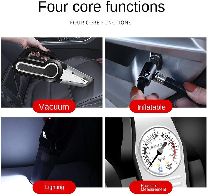 4 in 1 Multi Function Vacuum Cleaner with Tire Inflator, LED Light, and Tire Pressure Gauge