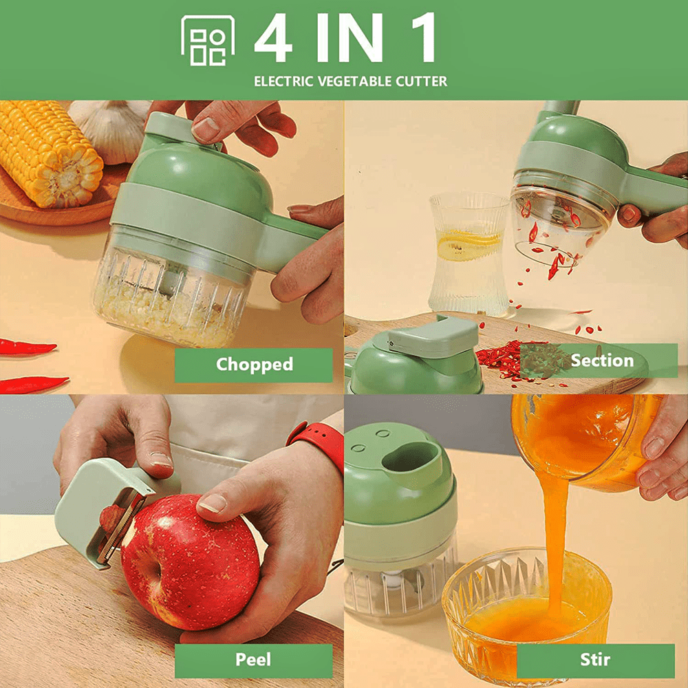 4 in 1 Portable Electric Chopper for Vegetables, Fruits, Nuts, Baby Food, etc (200ml) - Green